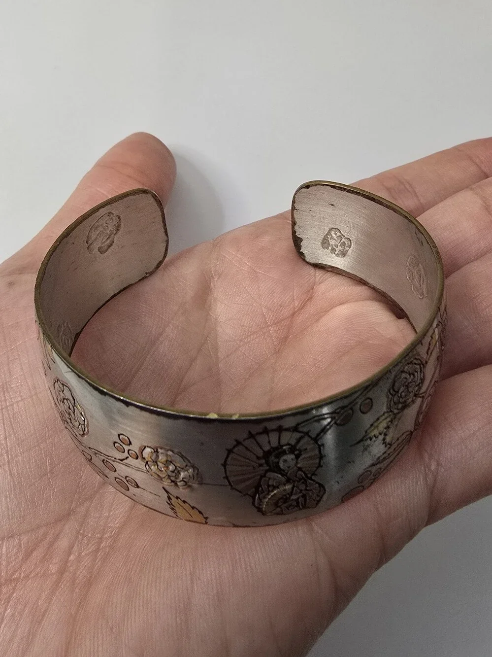 Reed & Barton Silver-Tone Daniascene Engraved Cuff Bracelet with Gold Trim